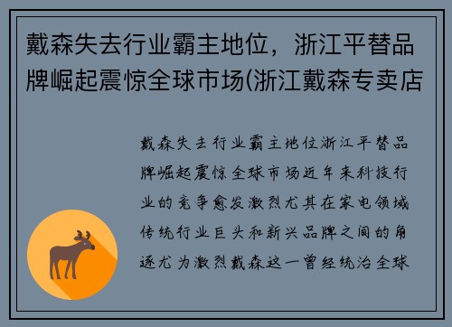 戴森失去行业霸主地位，浙江平替品牌崛起震惊全球市场(浙江戴森专卖店有几个)