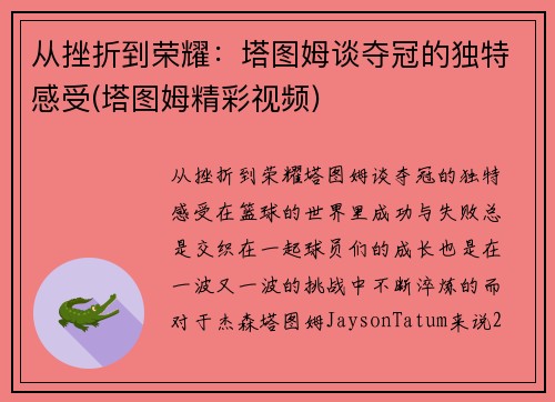 从挫折到荣耀：塔图姆谈夺冠的独特感受(塔图姆精彩视频)