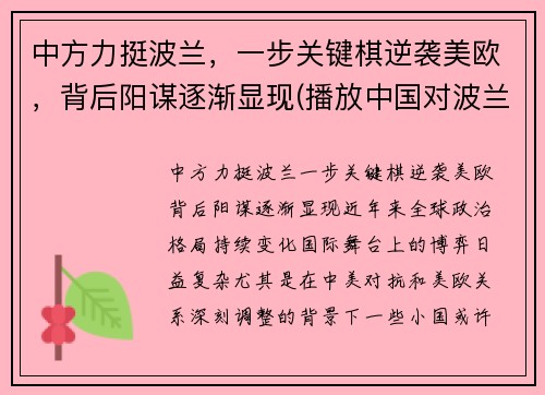 中方力挺波兰，一步关键棋逆袭美欧，背后阳谋逐渐显现(播放中国对波兰)