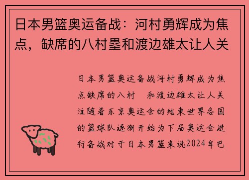 日本男篮奥运备战：河村勇辉成为焦点，缺席的八村塁和渡边雄太让人关注