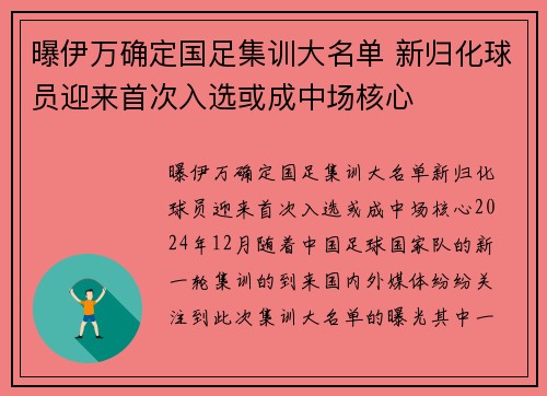 曝伊万确定国足集训大名单 新归化球员迎来首次入选或成中场核心