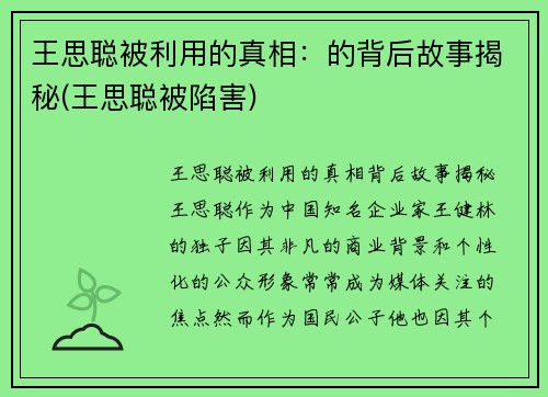 王思聪被利用的真相：的背后故事揭秘(王思聪被陷害)