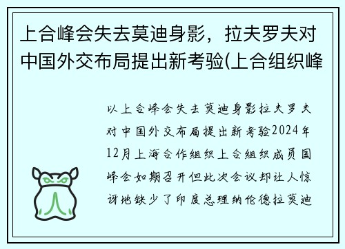 上合峰会失去莫迪身影，拉夫罗夫对中国外交布局提出新考验(上合组织峰会)