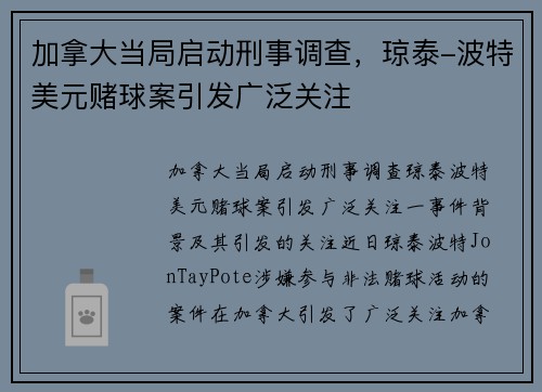 加拿大当局启动刑事调查，琼泰-波特美元赌球案引发广泛关注