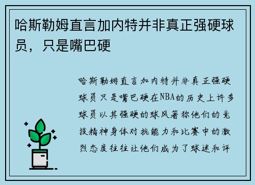 哈斯勒姆直言加内特并非真正强硬球员，只是嘴巴硬